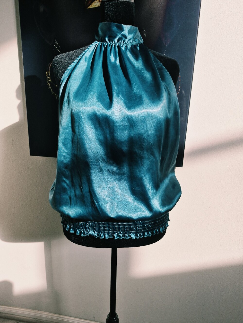 KRAFTY Women's Teal Satin Sleeveless Halter Top Size 1X